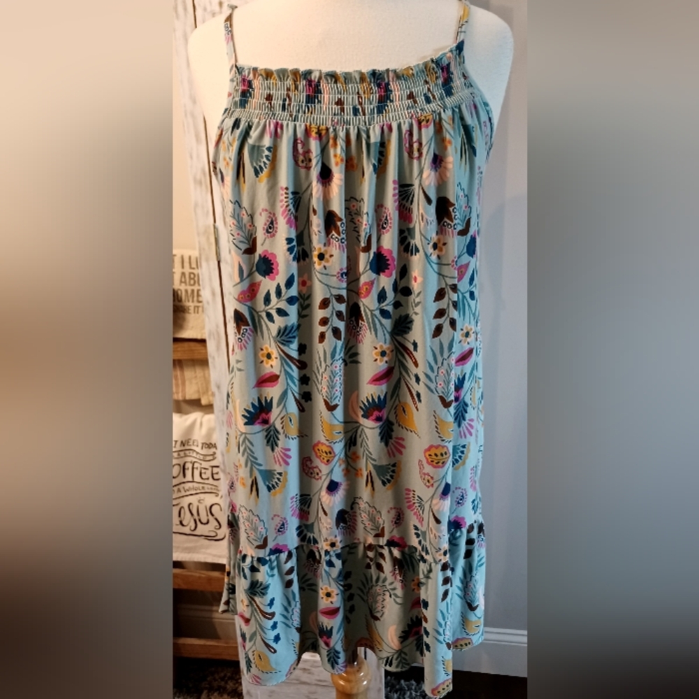Joyspun Floral Sleeveless Smocked Neck Chemise Sz L 12-14 #0305